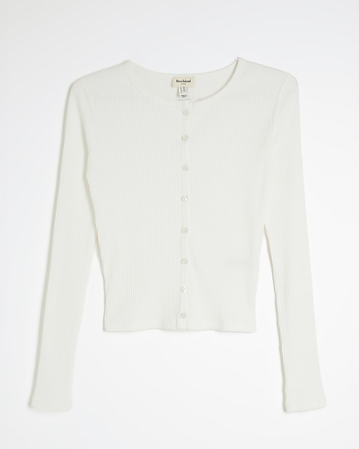 White Long Sleeve Ribbed Button Cardigan