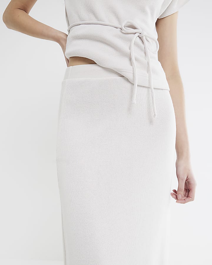 Cream Ribbed Midi Skirt