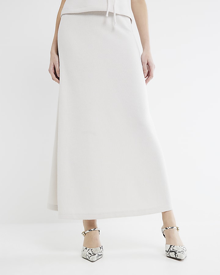 Cream Ribbed Midi Skirt