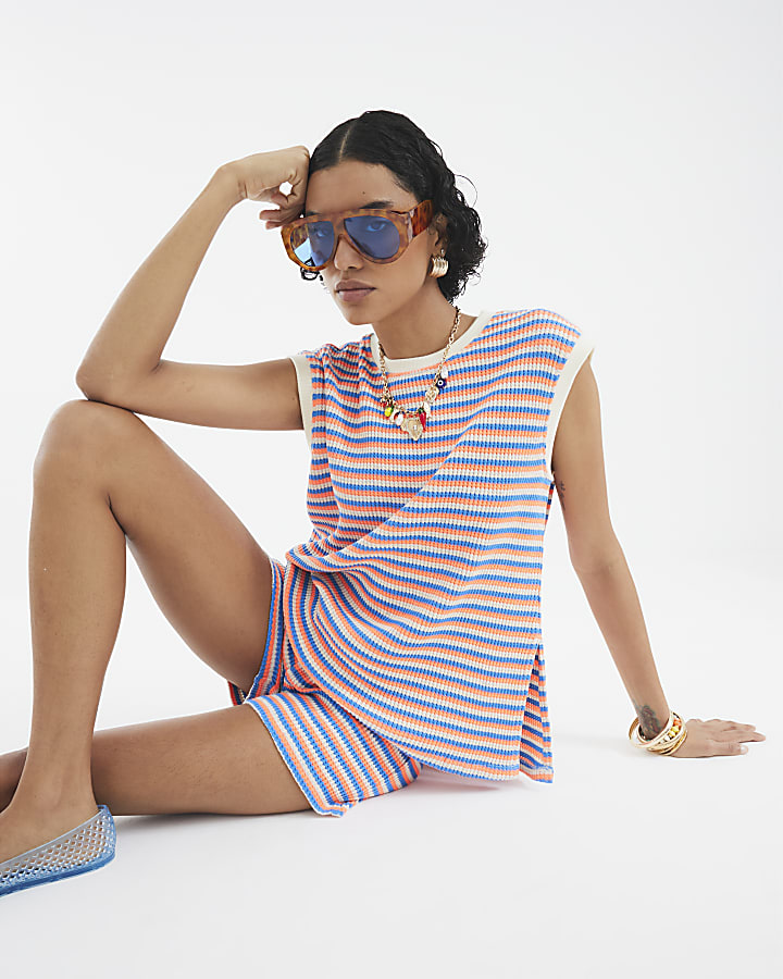 Pink Sleeveless Textured Stripe Tank Top