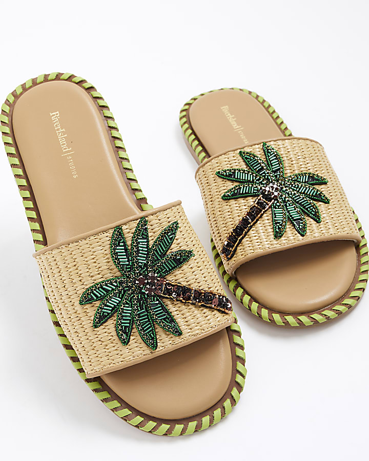 Beige Raffia Palm Tree Flat Sandals