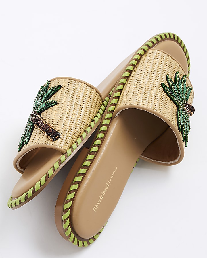 Beige Raffia Palm Tree Flat Sandals