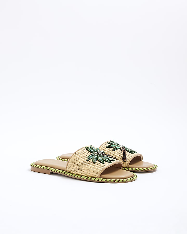 Beige Raffia Palm Tree Flat Sandals