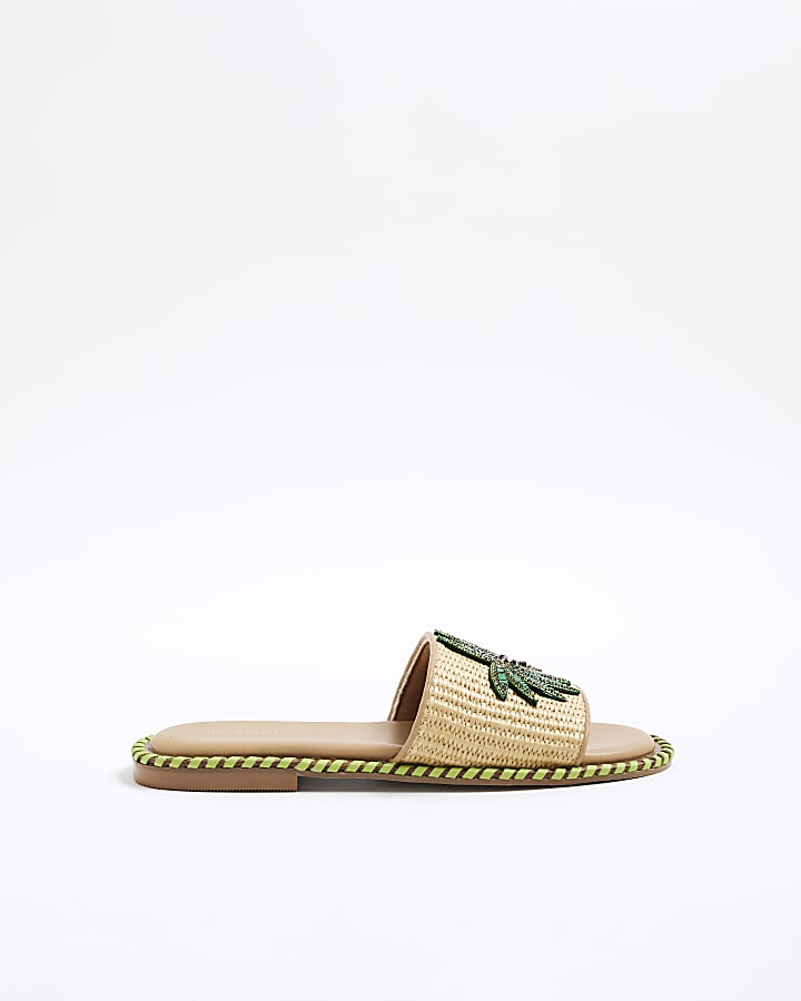 Beige Raffia Palm Tree Flat Sandals