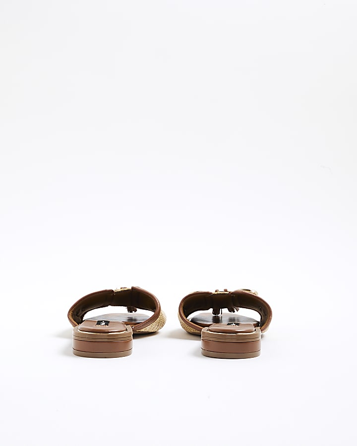 Beige Raffia Tassel Mule Sandals