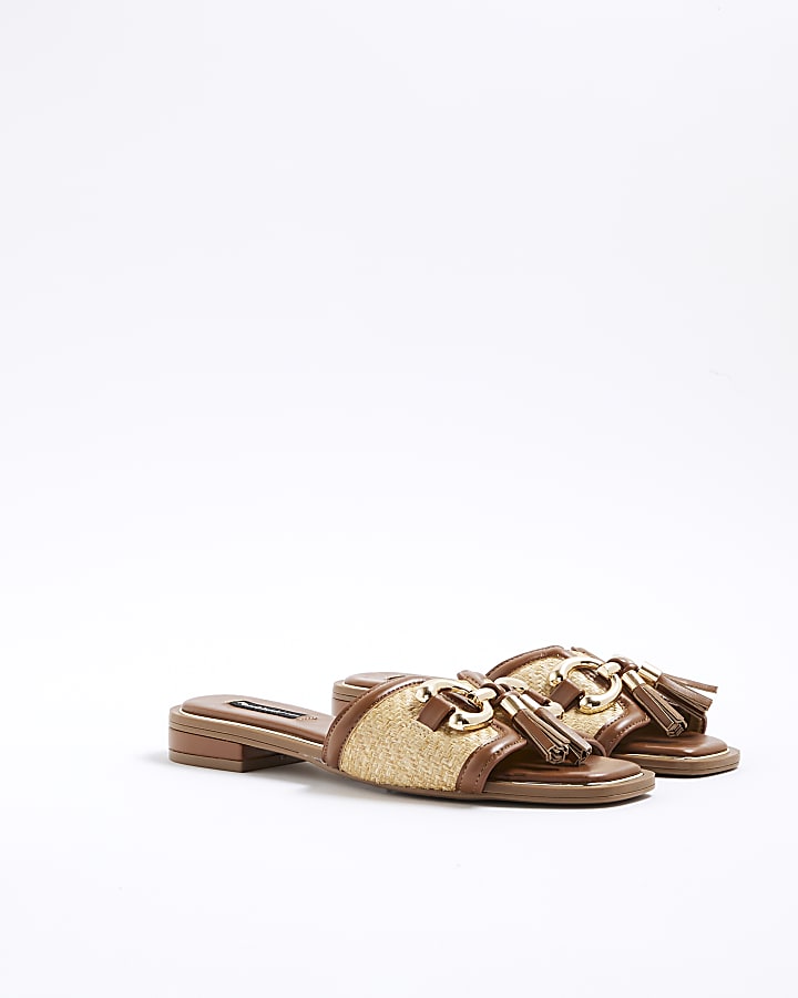 Beige Raffia Tassel Mule Sandals