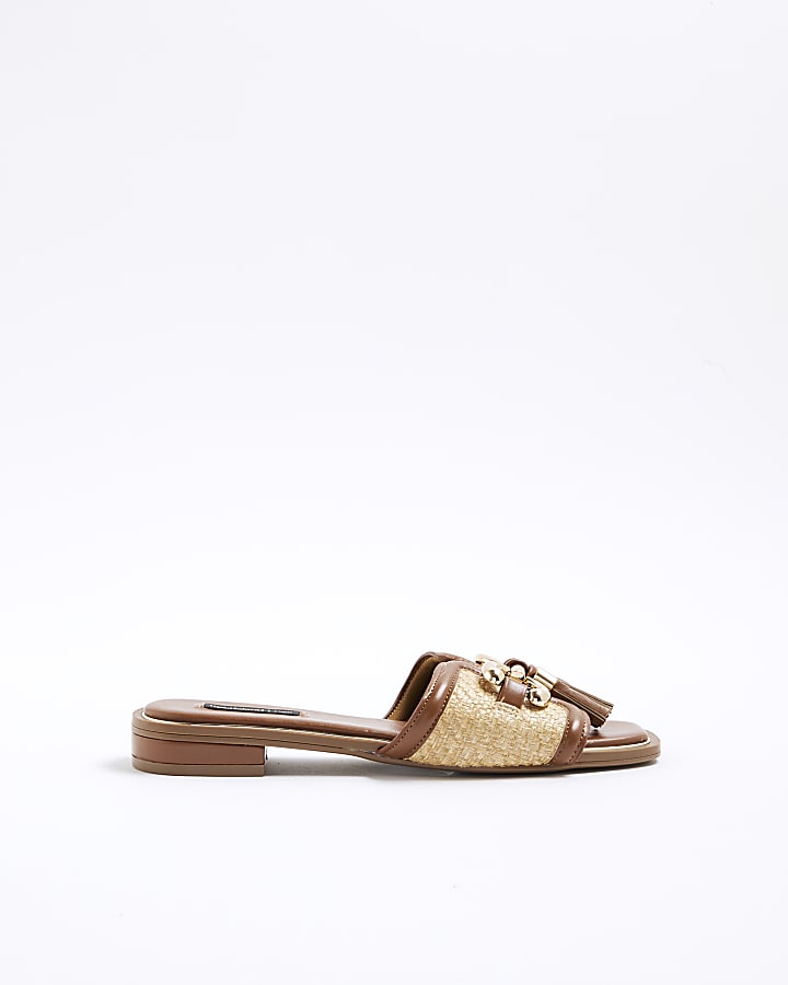 Beige Raffia Tassel Mule Sandals
