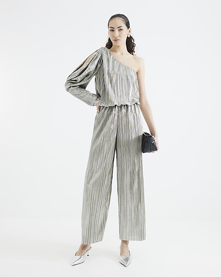 Green Metallic Asymmetric Plisse Jumpsuit