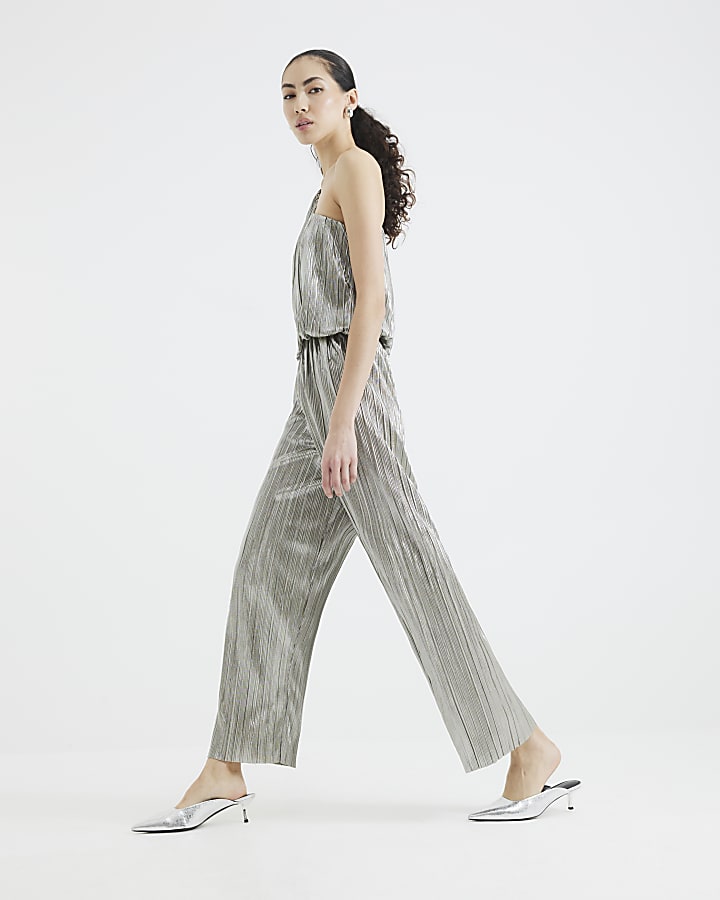 Green Metallic Asymmetric Plisse Jumpsuit