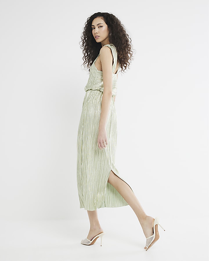 Green Twist Detail Plisse Midi Dress