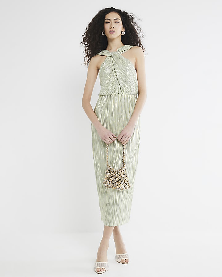 Green Twist Detail Plisse Midi Dress