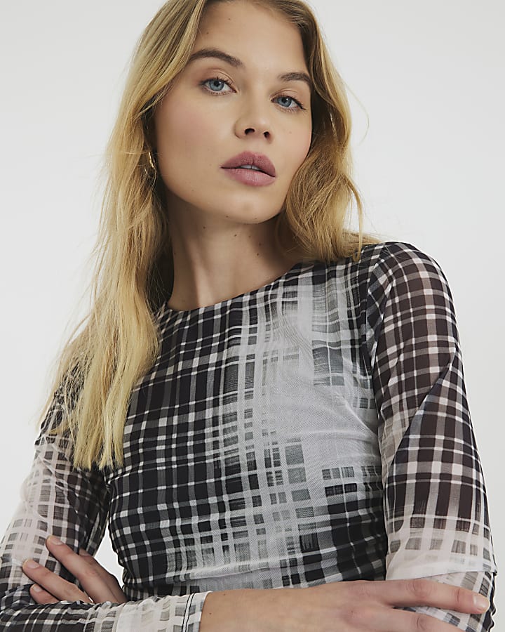 Black Long Sleeve Check Mesh Top