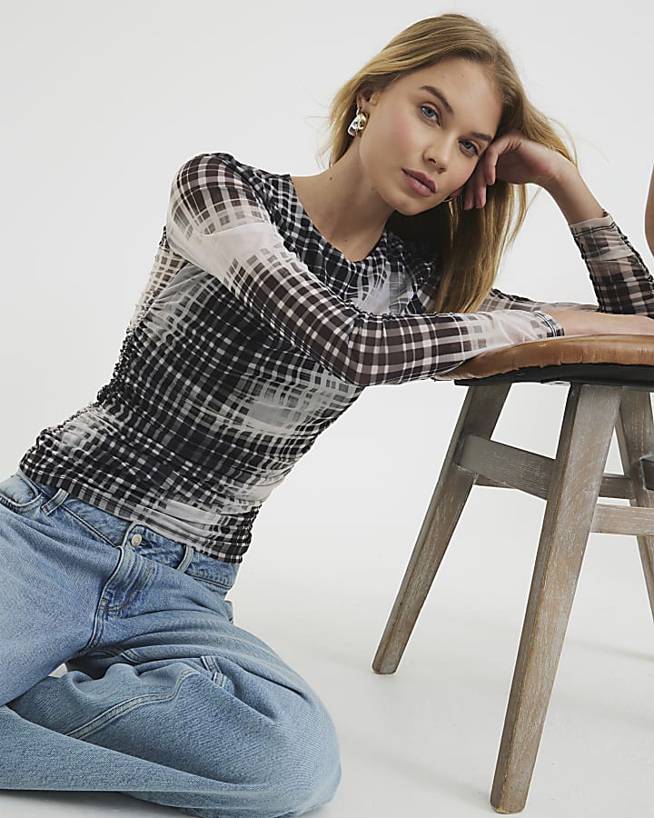 Black Long Sleeve Check Mesh Top