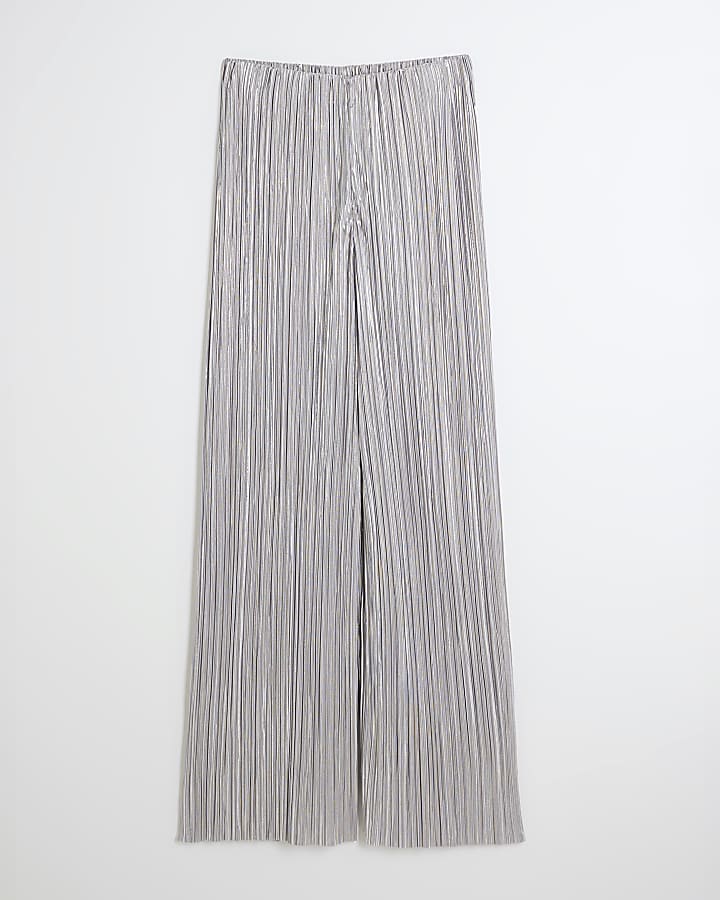 Silver Plisse Wide Leg Trousers