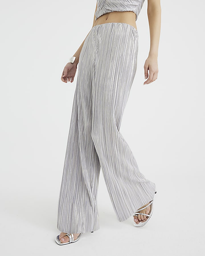 Silver Plisse Wide Leg Trousers