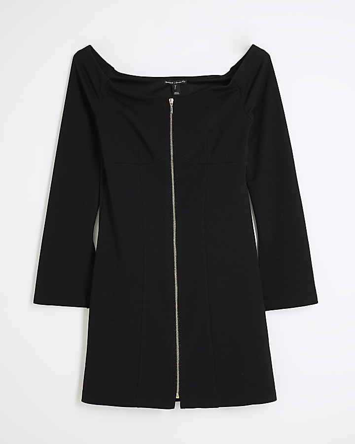 Black Long Sleeve Zip Bardot Mini Dress