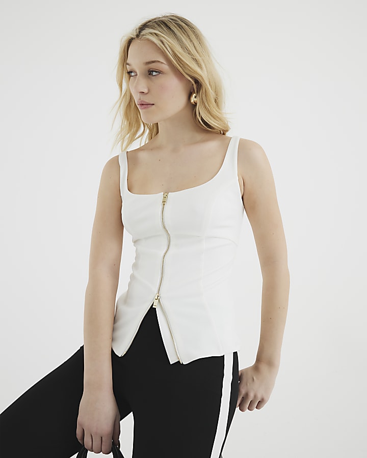 White Zipped Square Neck Top