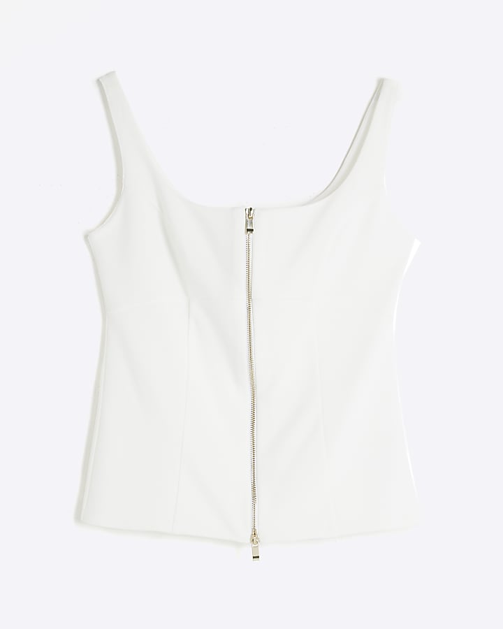 White Zipped Square Neck Top