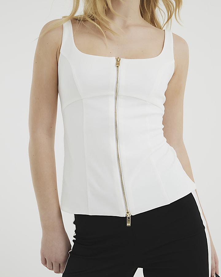 White Zipped Square Neck Top