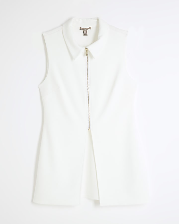 White Sleeveless Zip Tunic Top