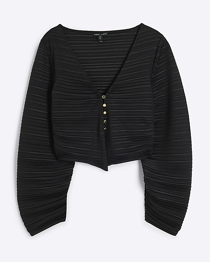 Black Long Sleeve V-neck Plisse Top