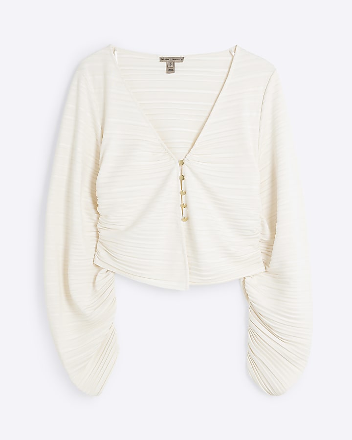 Cream Long Sleeve V-neck Plisse Top