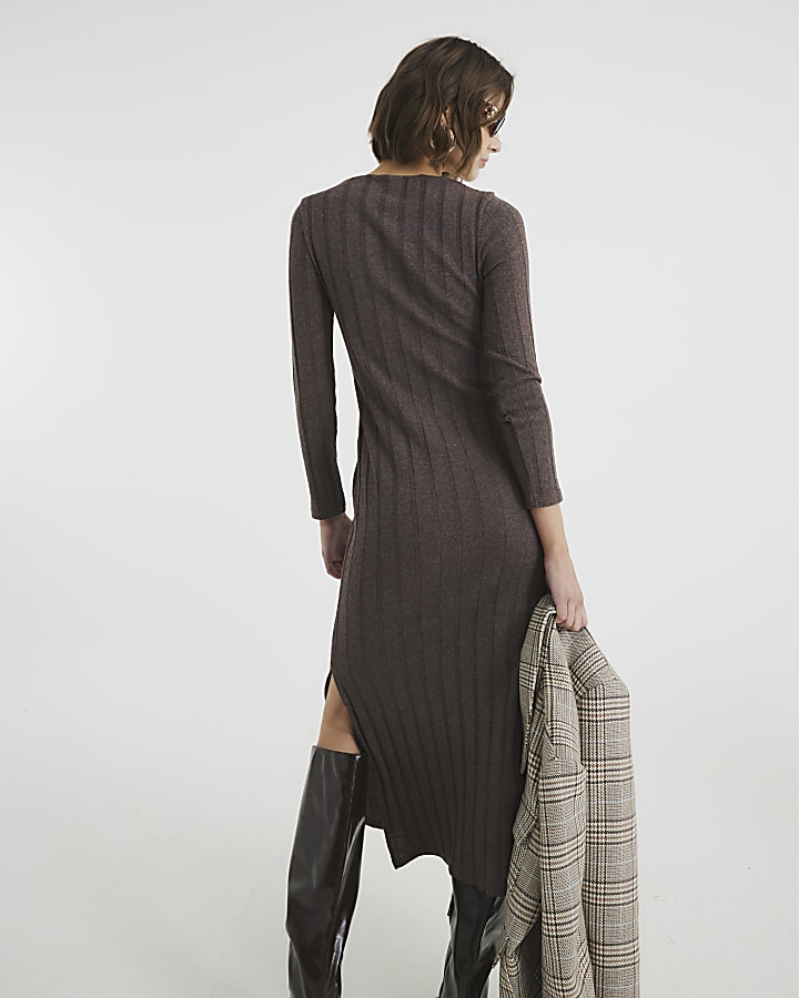 Brown Long Sleeve Ribbed Midi Dress