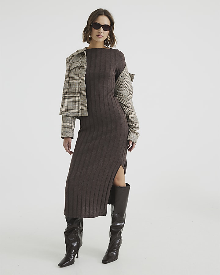 Brown Long Sleeve Ribbed Midi Dress