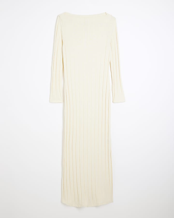 Cream Long Sleeve Ribbed Midi Dress