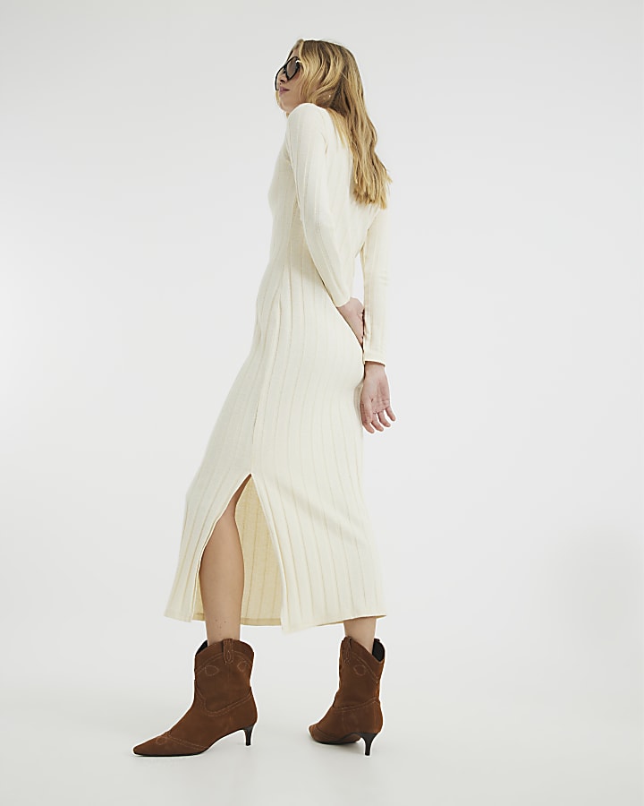 Cream Long Sleeve Ribbed Midi Dress