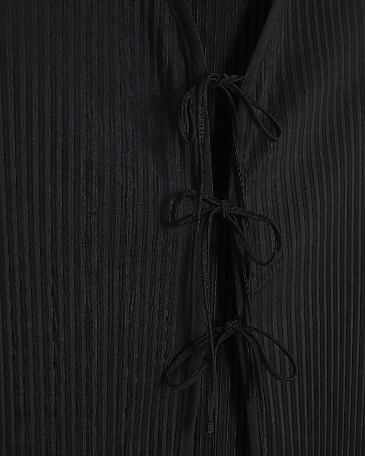 Black Plisse Tie Front Shirt