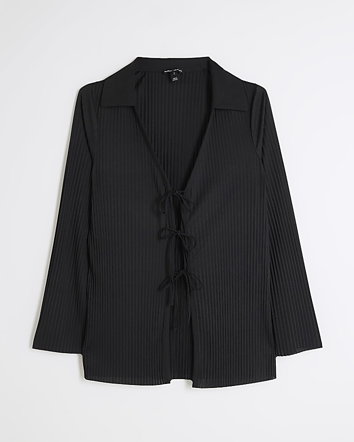 Black Plisse Tie Front Shirt