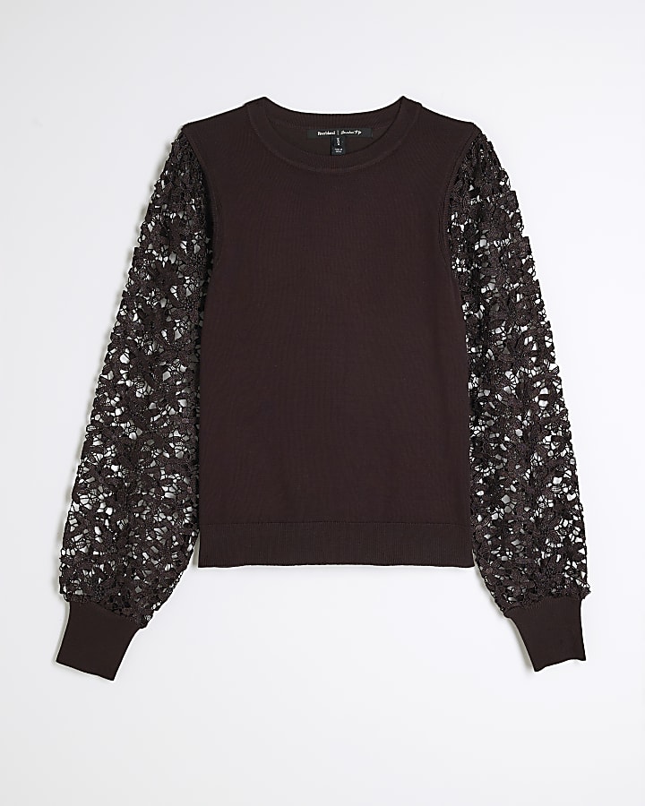 Brown Hybrid Lace Sleeve Jumper