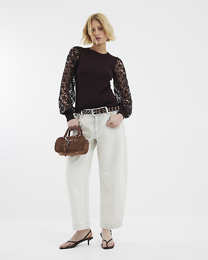 Brown Hybrid Lace Sleeve Jumper