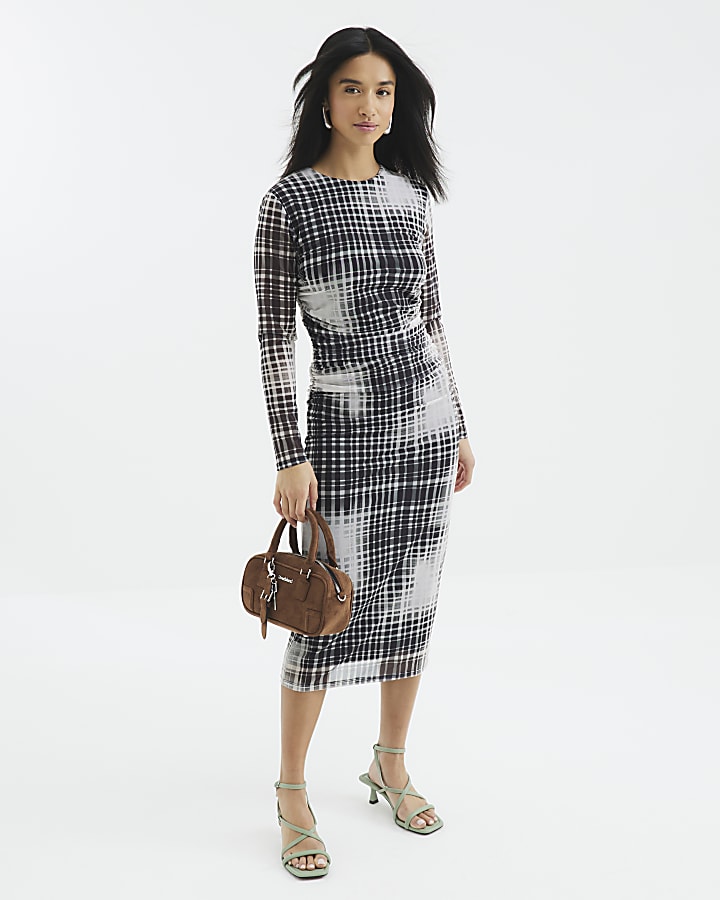 Petite Beige Check Mesh Midi Dress