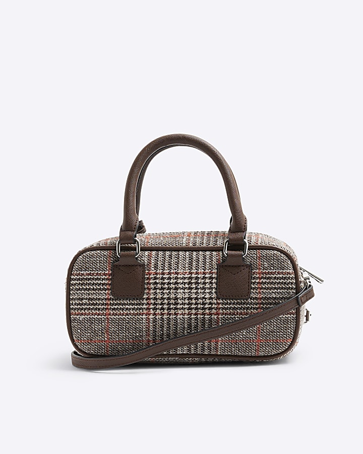 Brown Rectangle Check Bowler Bag