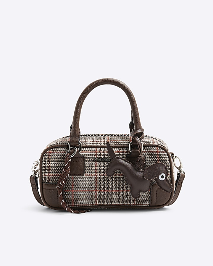 Brown Rectangle Check Bowler Bag