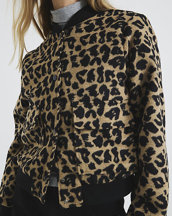 Brown Leopard Print Bomber Jacket