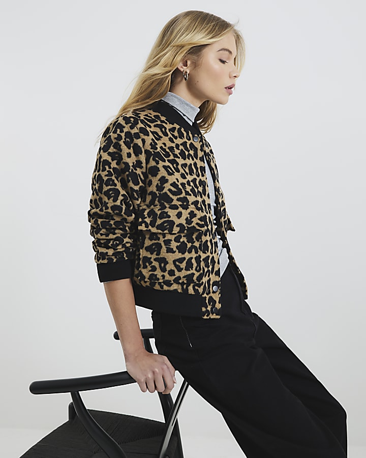 Brown Leopard Print Bomber Jacket