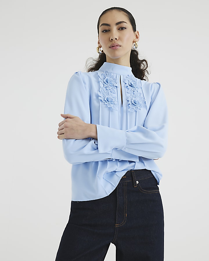 Blue Long Sleeve Floral Applique Blouse