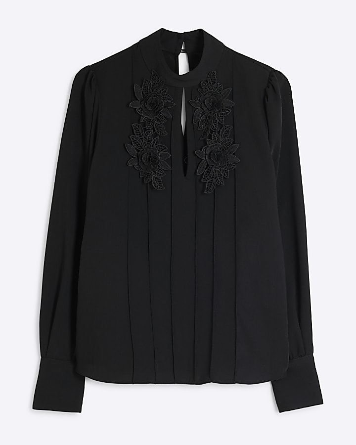 Black Long Sleeve Floral Applique Blouse