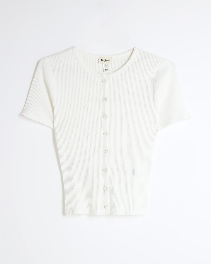 White Ribbed Button Through Top