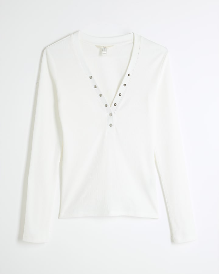 White Ribbed Long Sleeve Popper Top