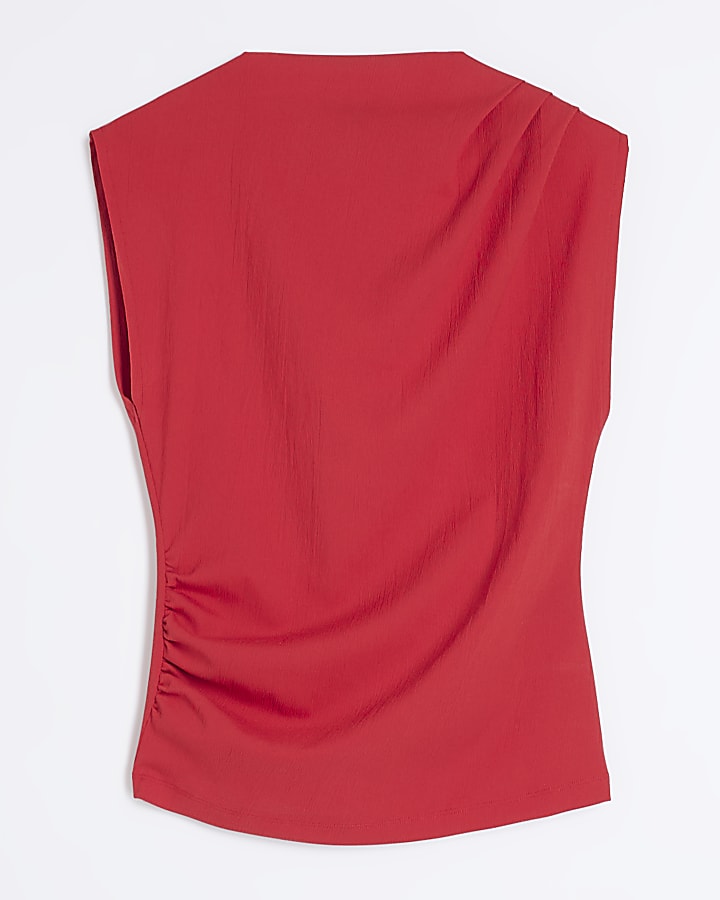 Red Short Sleeve Drape High Neck Top