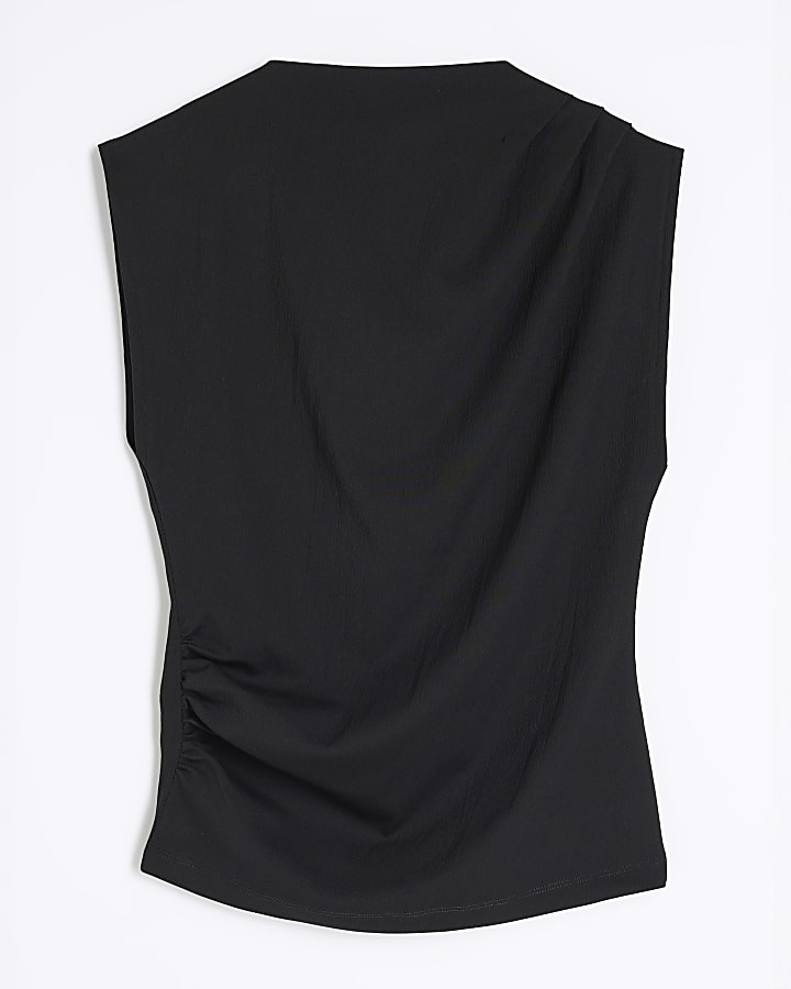 Black Short Sleeve Draped High Neck Top