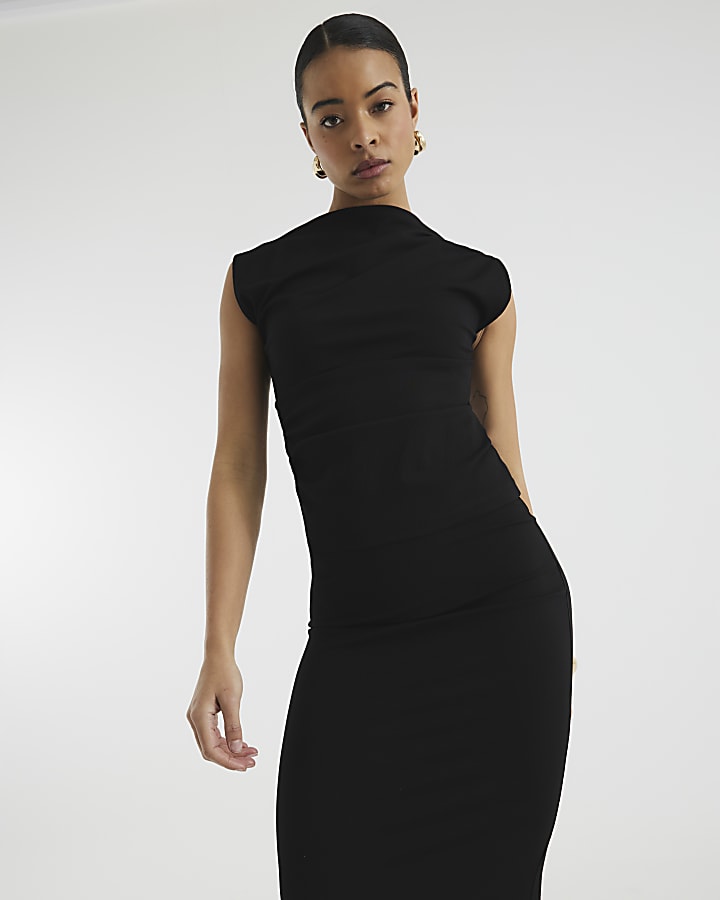 Black Short Sleeve Draped High Neck Top