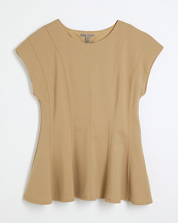 Brown Short Sleeve Panel Peplum Top