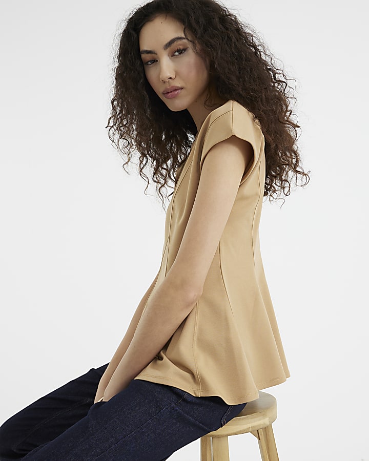 Brown Short Sleeve Panel Peplum Top