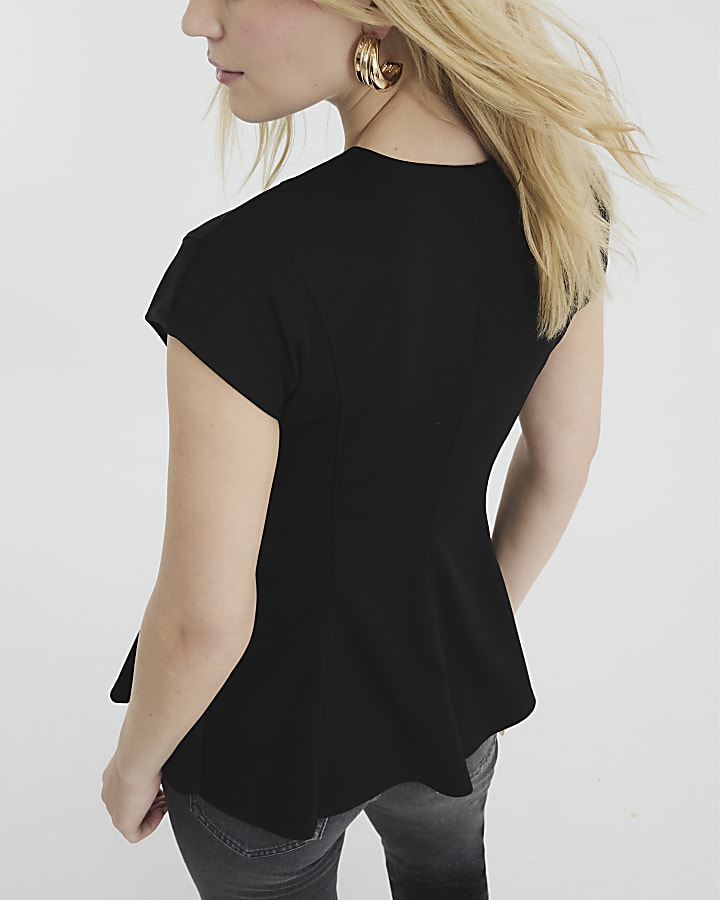 Black Short Sleeve Panel Peplum Top