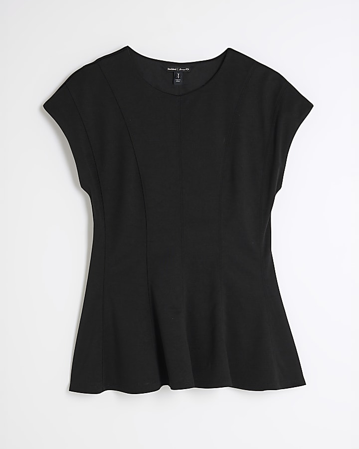 Black Short Sleeve Panel Peplum Top